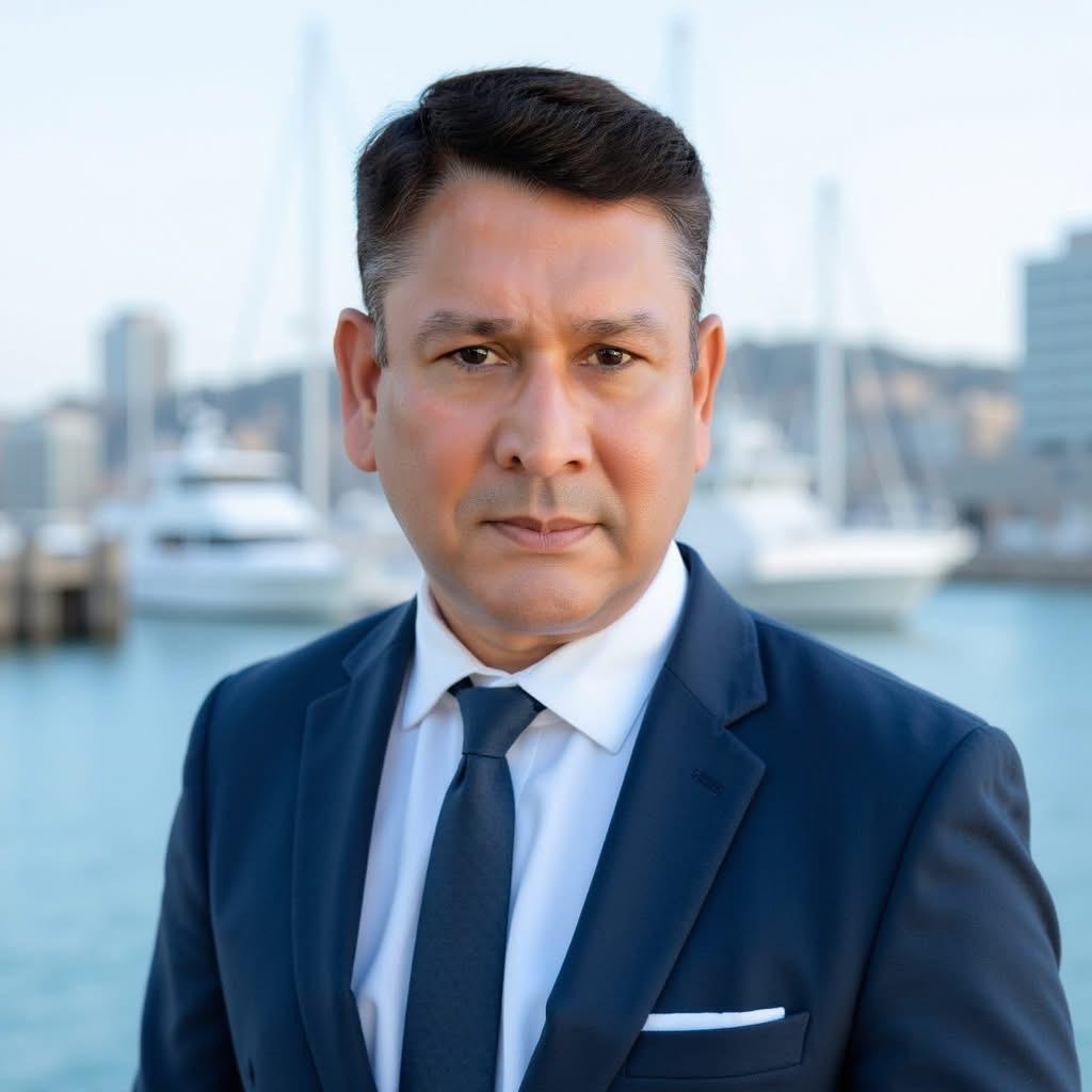 Portrait of Sonny Chatrath in a navy suit by the harbor